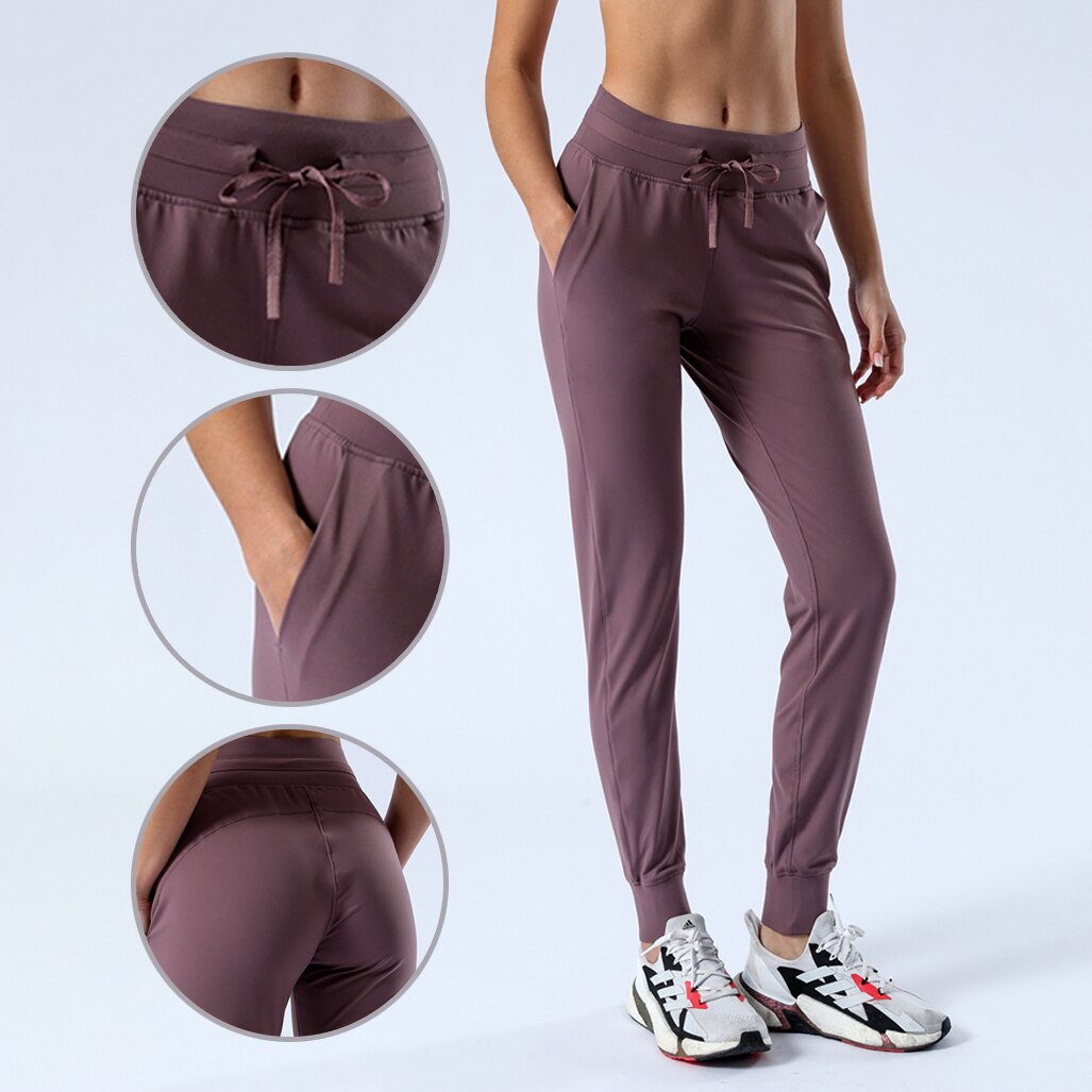 Athletic Casual Sports Pants Lulu Women Drawstring Yoga Leggings Outdoor Workout Jogging Trousers Gym Pockets Running Tights