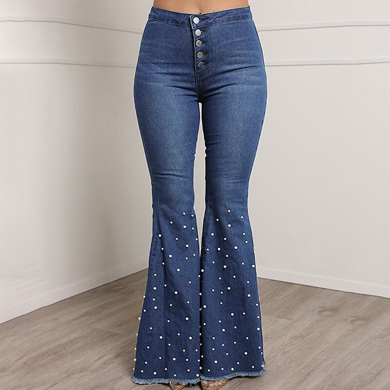 Mid Waisted Stretch Flare Jeans Women Denim Pants Wide Leg Butt-lifted Casual Korean Style Skinny Bell Bottom Pocket Trousers