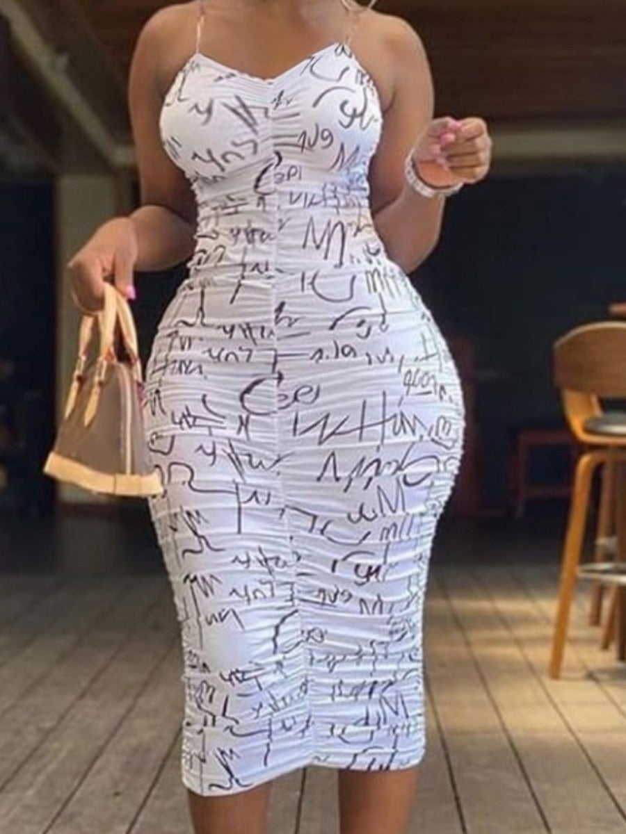 LW Plus Size Letter Print Ruched Bodycon Cami Dress Women midi Dress Sleeveless Y2k Bodycon Dresses Sexy Maxi Dress Party Vestid