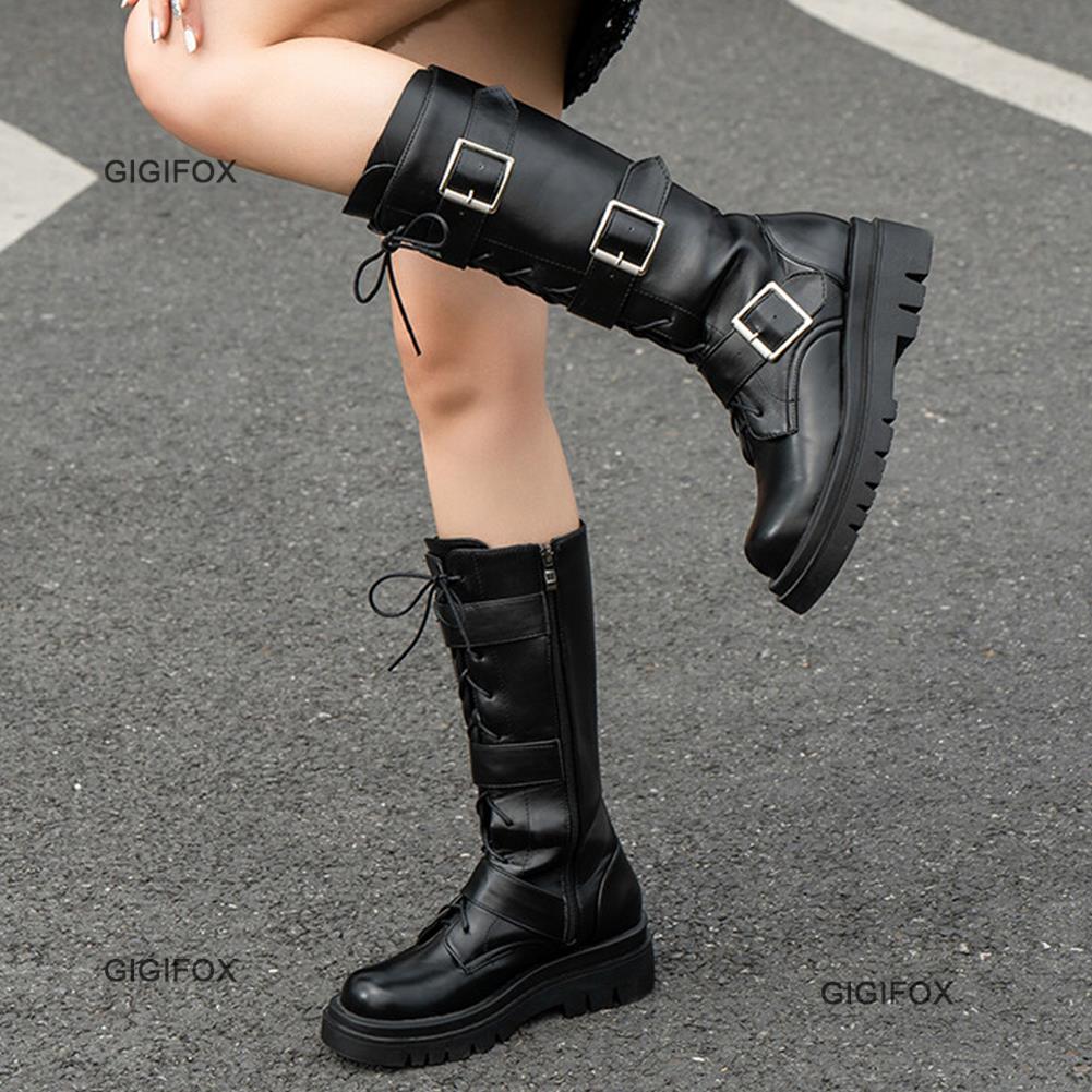 GIGIFOX Fashionable Trendy Black White Gothic Platform Buckles Chains Punk Rivets Combat Motorcycle Boots Shoes For Women 2022