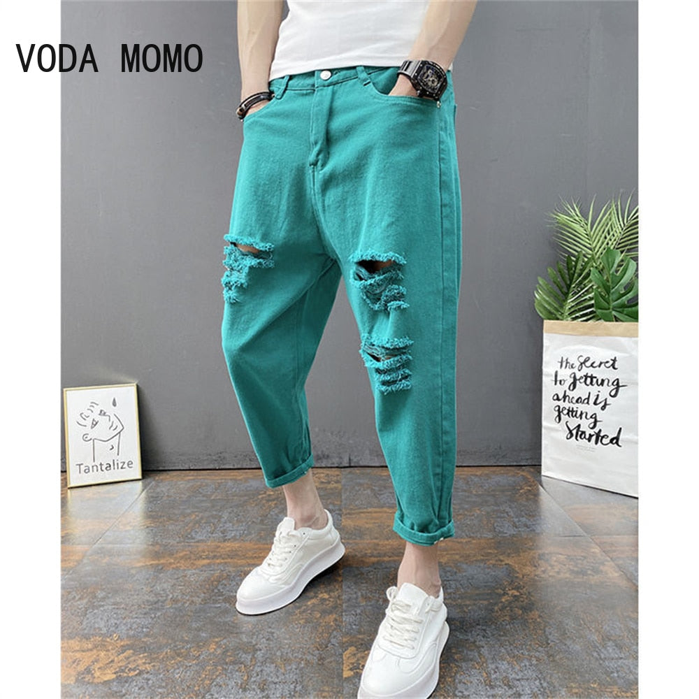 Japanese Trend New Men&#39;s Ripped Hole Jeans White Green Black Ankle Length Youth Fashion Loose Denim Harem Cargo Pants