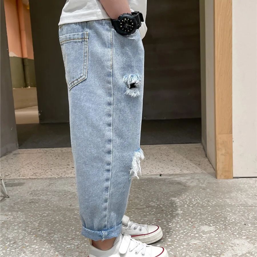 90-140cm Fashion Autumn Summer Kids Hole Trousers Children Boy Handsome Torn Patch Jeans Girls Pants Worn Jeans for Loose 청바지