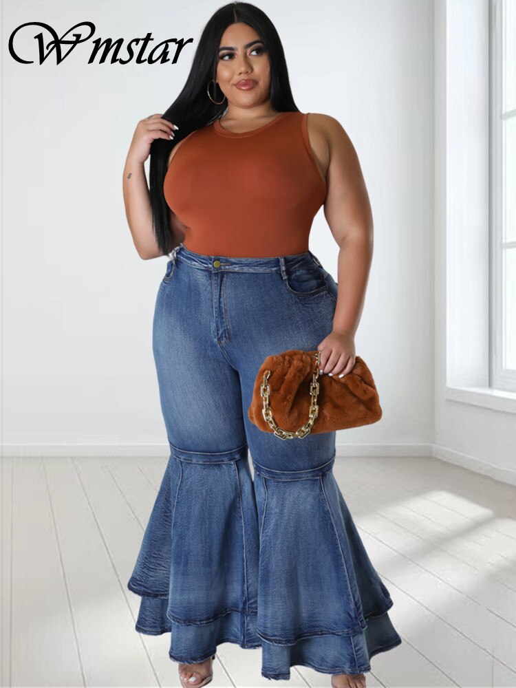 Plus Size Jeans Women Casual High Waist Flare Flared Pants Bottom Ruffled Hem Fashion Denim Streetwear Wholesale Dropshpping