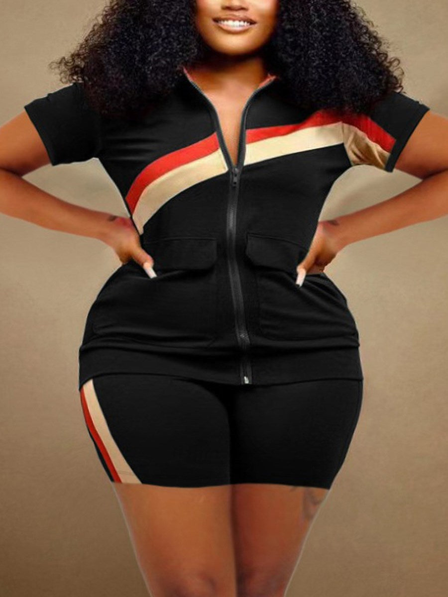 LW Plus Size Casual Sport Tracksuit Striped Zipper Design Shorts Set Women Patchwork Two Piece Outfit Top Shorts Pant Suit 2 Pie