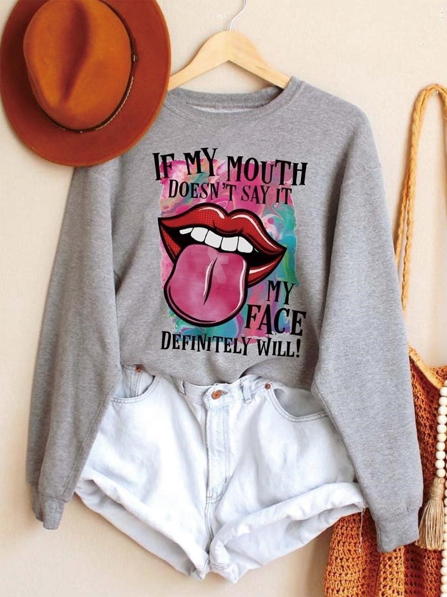 LW Plus Size Sweatshirt Sexy Red Lip Letter Print Sweatshirt Women Tshirts Fashion Women Casual long Sleeve O-neck T-shirt Tops