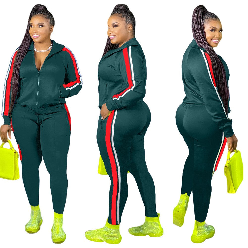 LW Plus Size Hooded Collar Patchwork Tracksuit Set Women Fall Clothes Sweatsuit Joggers Outfit Zip Top Sweatpants Tracksuit