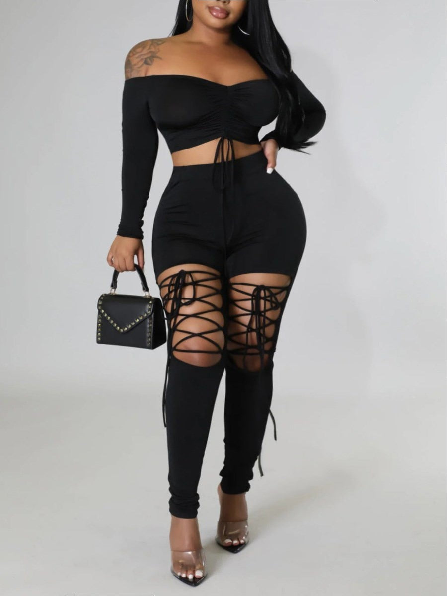 LW Plus Size Off The Shoulder Drawstring Cut Out Pants Set Two-pices Skinny Bateau Neck Long Sleeve sexy women&#39;s clothing