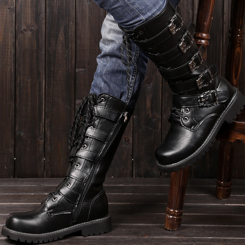 New 2023 Men Leather Motorcycle Boots Fashion Mid-Calf Punk Rock High Top Casual Boots Men Shoes Military Riding Boots Black