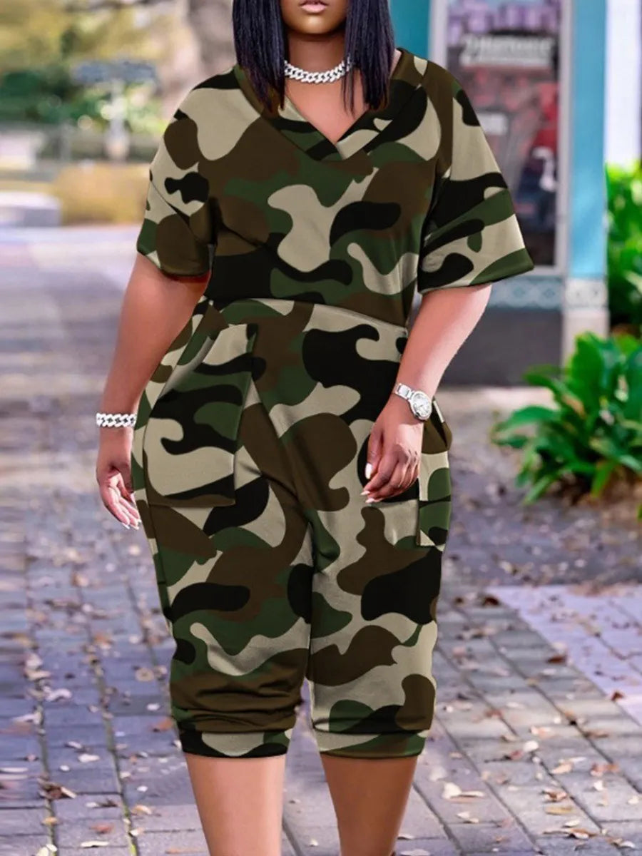 LW Plus Size Casual Jumpsuit Camo Print Pocket Design Jumpsuit short sleeve Loose Wide Leg Rompers Summer jumpsuit Overalls Outf