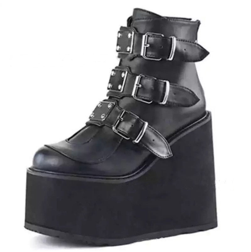 Punk Style Women Platform Motorcycle Boots Wedge Buckle Ankle Riding Boots for Women Chunky Sneakers Black Boots