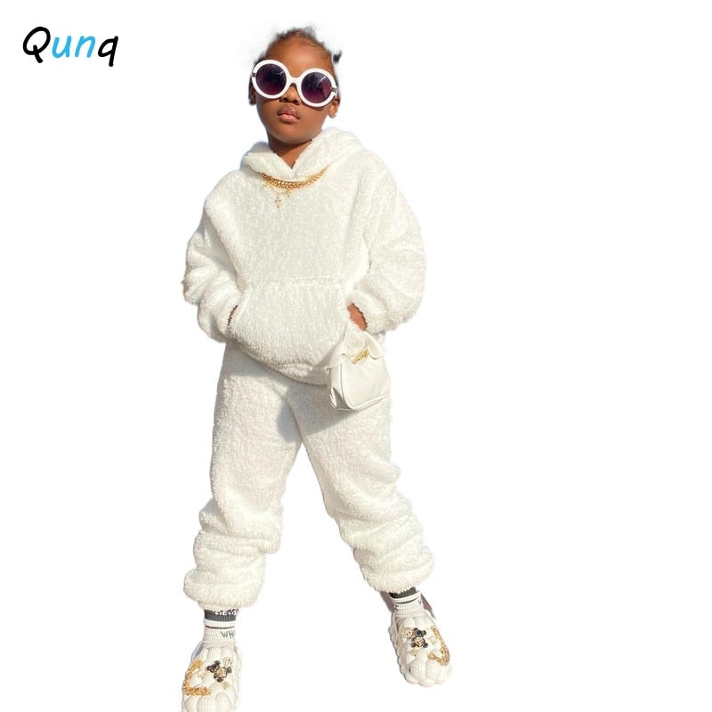 Qunq 2023 Autumn INS New Girls Double Faced Velvet Hooded Pullover Top + Pants 2 Pieces Set Sporty Casual Kids Clothes Age 3T-8T