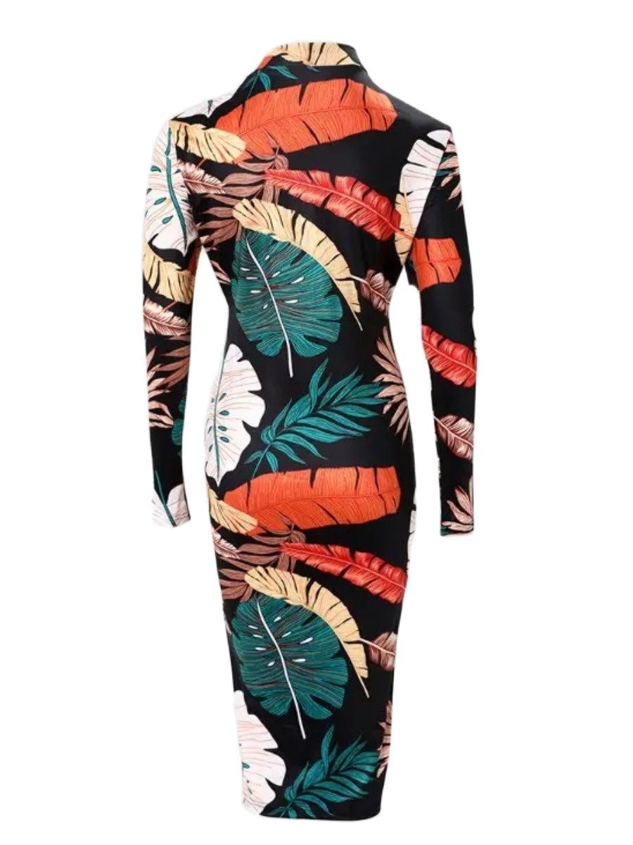 LW SXY Plus Size Dresses Leaf Print Zip Up Bodycon Dress Women Winter Fall Bodycon sexy Dress Pencil Party Dress Mini Vestido