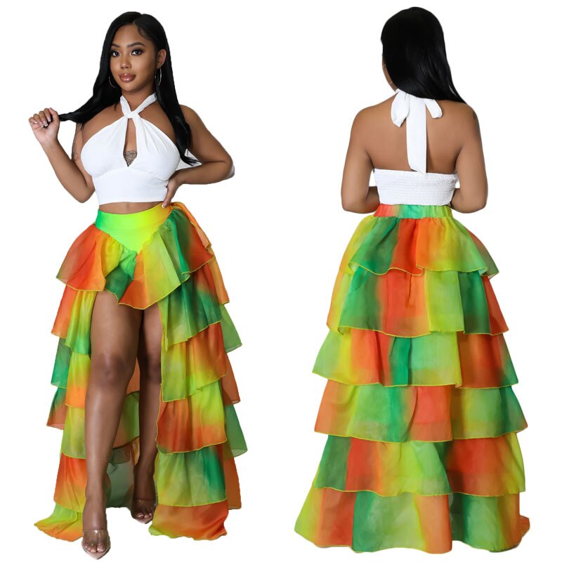 Adogirl Women Printed Mesh Cake Skirt Changing Color Cascading Ruffles High Split Long Petticoat 2022 Summer Beach Outfits