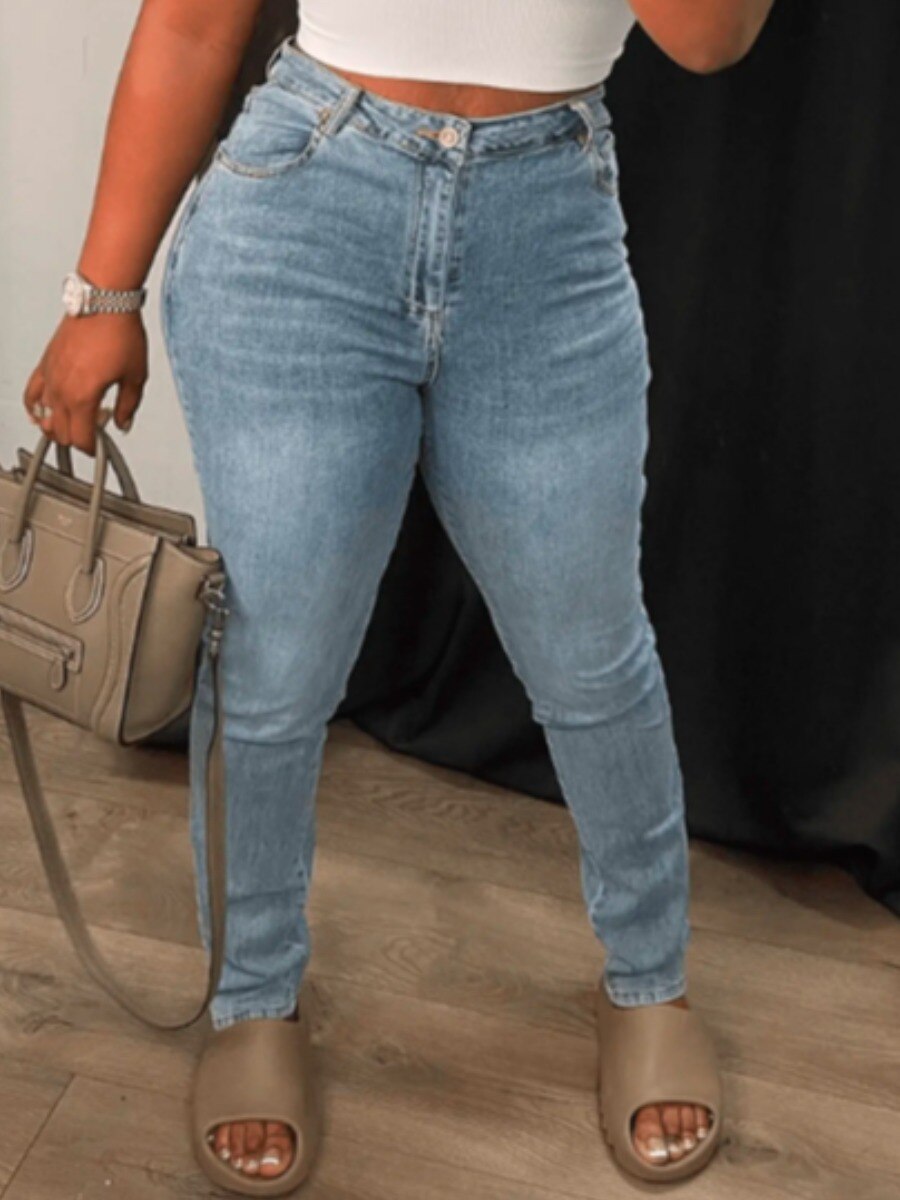 LW Mid Waist Cut Out Stretchy Jeans Wash Light Blue Back Hollow-out Denim Pants Women Fashion Streetwears Sexy Zipper Fly Pants