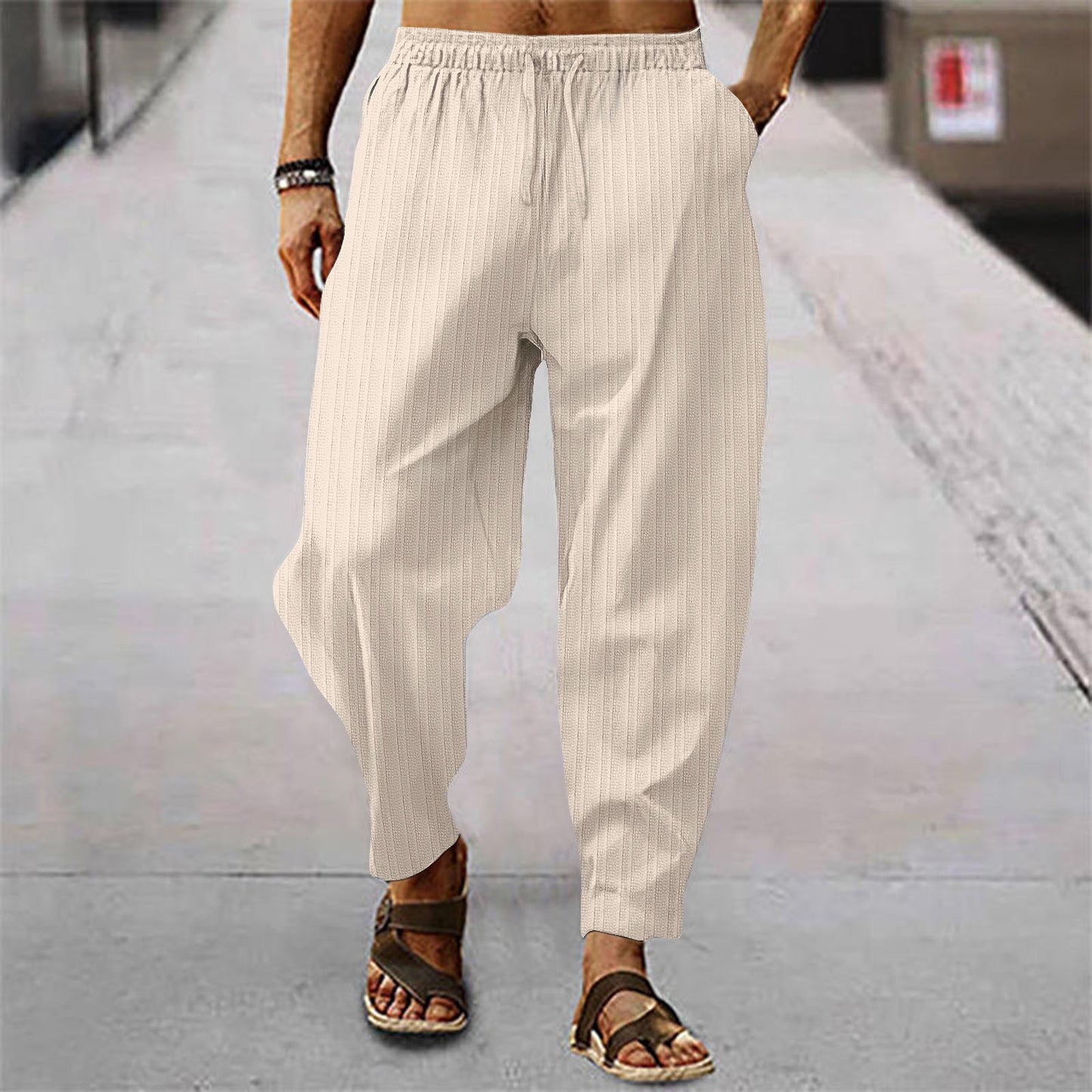 Men&#39;s 15 Colors Stripe Cotton Linen Pants Y2K Solid Color Casual LOOSE Linen Streetwear Trousers S-3XL New Spring Autumn Pants