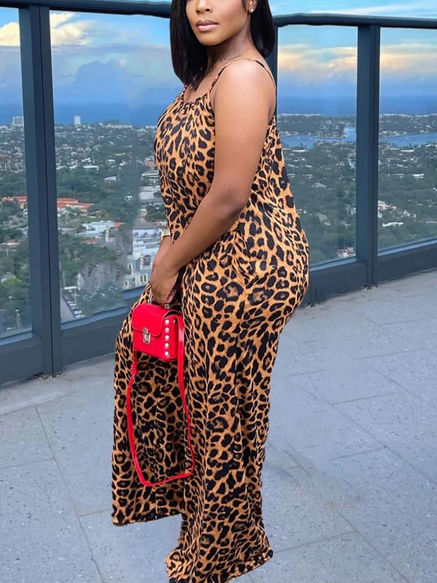 LW SXY Plus Size Jumpsuit Leopard Print Pocket Design Jumpsuit Patchwork Sleeveless Spaghetti Strap Women Elastic Summer Outfit