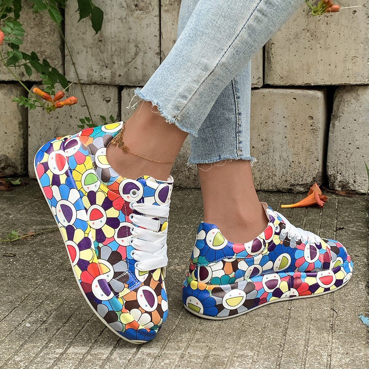 Women&#39;s Sneakers Summer Autumn Fashion Platform Outdoor Sneakers Trend Graffiti Shoes Comfortable Lace-up Flat Sneakers