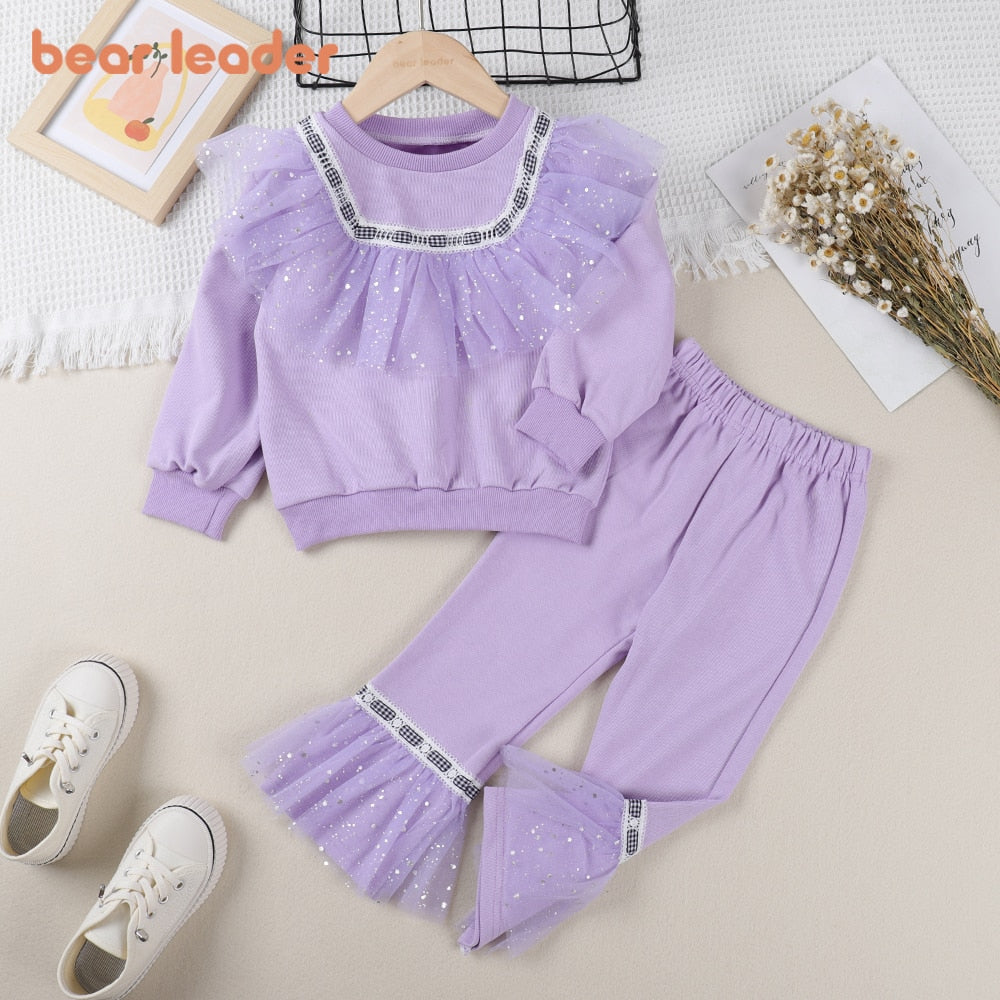 Bear Leader Girls Mesh Ruffles Dress 2023 New Fashion Princess Dress Casual Kids Lace Bowtie Outfit Long Sleeve Children Clothes