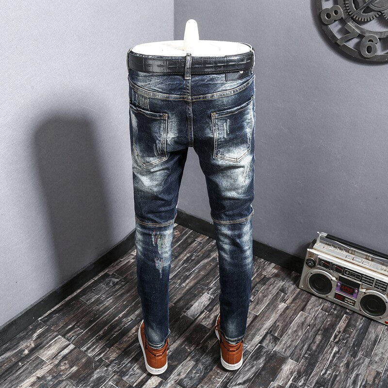 Fashion Streetwear Ripped Jeans Men Retro Blue Elastic Slim Fit Biker Jeans Homme Embroidery Designer Hip Hop Denim Pants Hombre