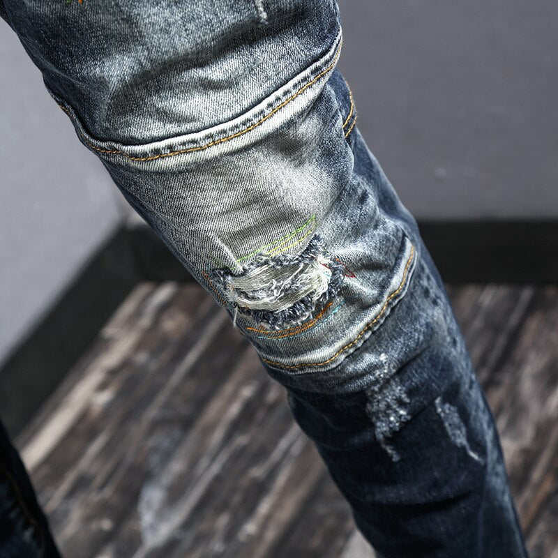 Fashion Streetwear Ripped Jeans Men Retro Blue Elastic Slim Fit Biker Jeans Homme Embroidery Designer Hip Hop Denim Pants Hombre