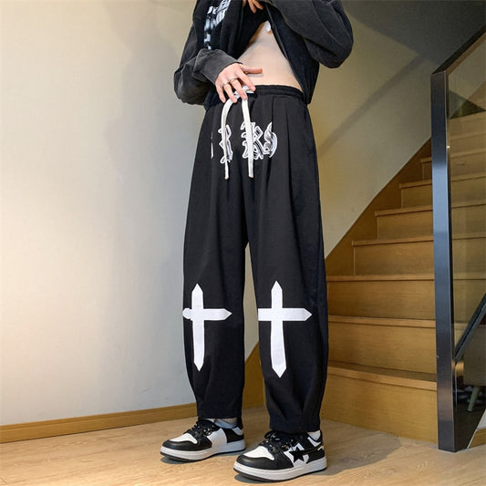 Spring Cross embroidery overalls wide leg cargo Y2K pants men&#39;s trousers High Street loose casual trousers vintage Fashion