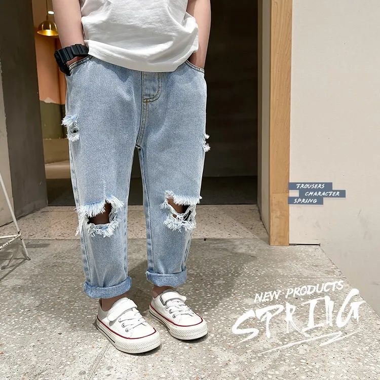 90-140cm Fashion Autumn Summer Kids Hole Trousers Children Boy Handsome Torn Patch Jeans Girls Pants Worn Jeans for Loose 청바지