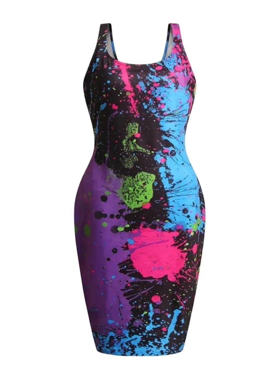 LW Plus Size Splash Ink Bodycon Cami Dress Summer Low Neck Dress Sleeveless Tank Top Bodycon Dresses Elegant Sheath Slim Dress