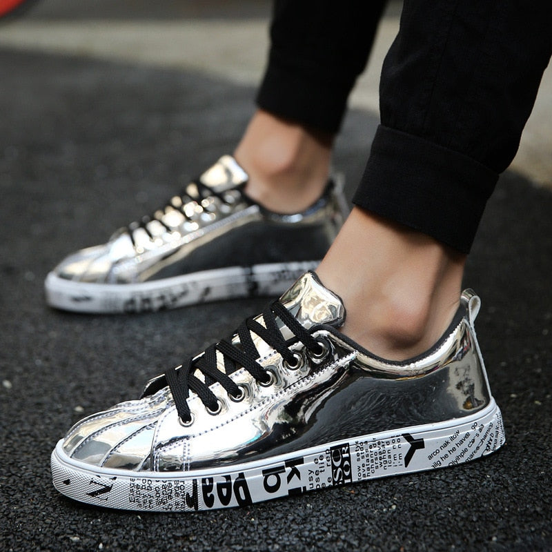 Men Shoes Fashiona Patent Leather Sneakers Tops Gold Silver Hip Hop Boots Glossy Lighted Brand Designer Shoes Flats Size 46