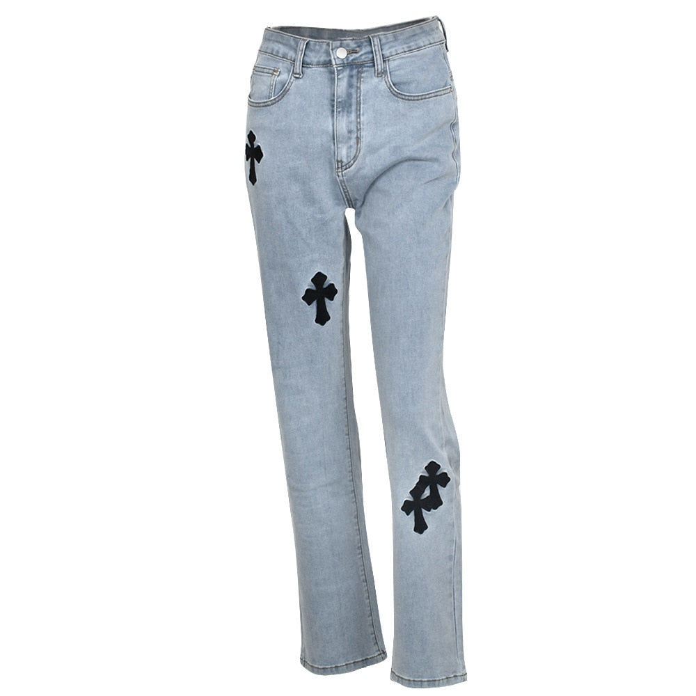 Cross Printed Baggy Jeans Women 2023 Casual Low Waist Vintage Straight Denim Trousers Cyber Y2k Goth Pants Fashion Mom Jeans