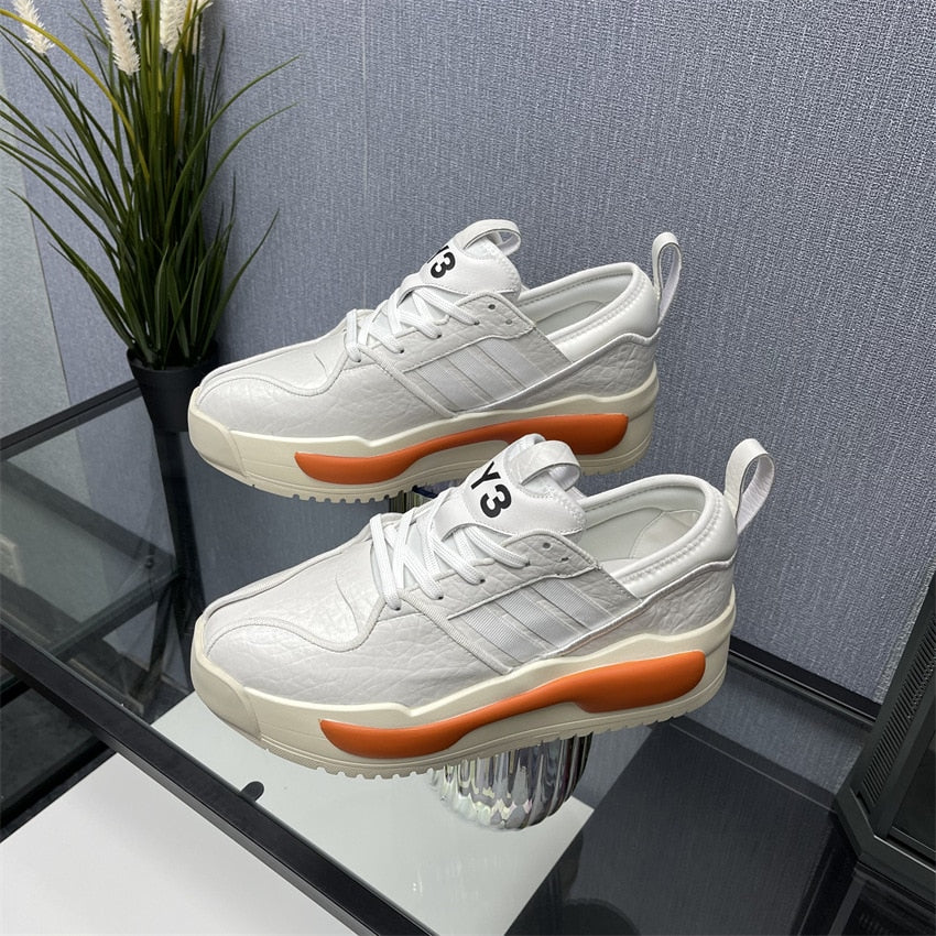 Fashion Y3 Cowhide Platform Sneakers Casual Leather Men&#39;s Shoes Added Height White Orange Patchwork Sole