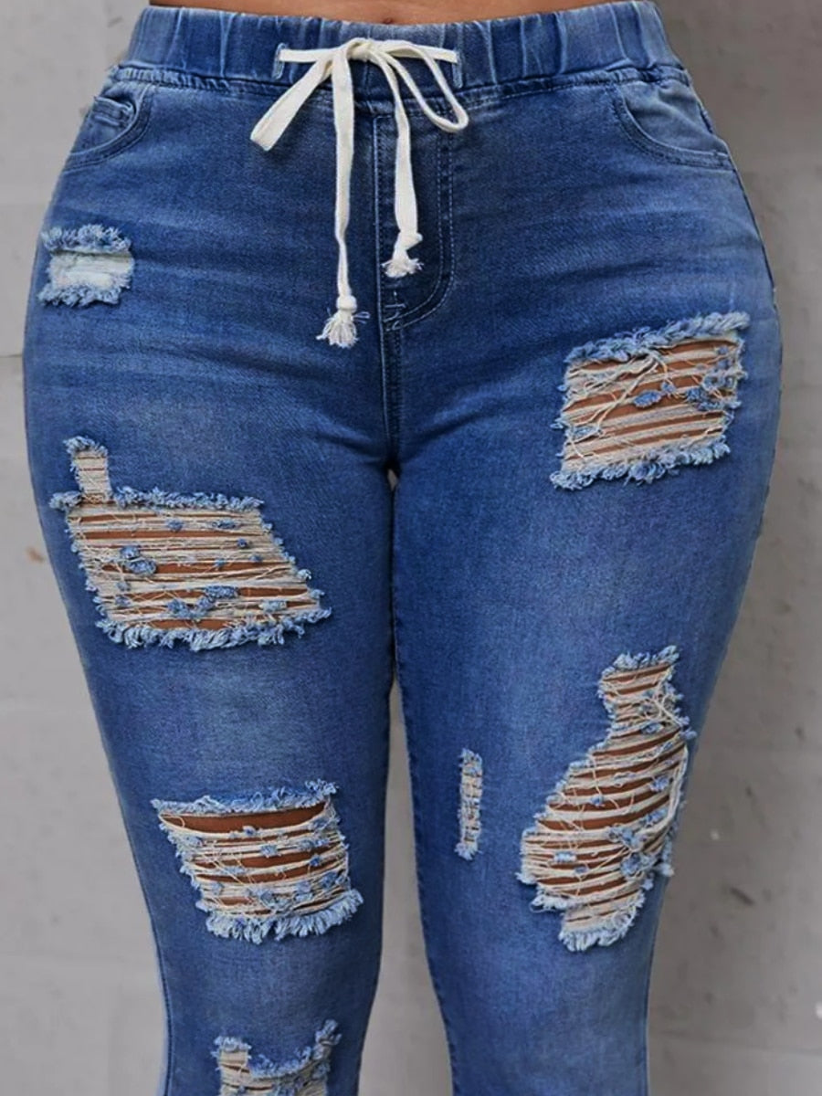 LW Plus Size Jeans High-Waist High Stretchy Ripped Distressed Jeans Classic Elastic Waist Solid cut hole women&#39;s Pants
