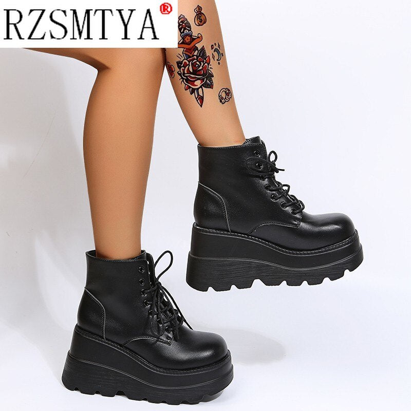 Brand Design Street Cool Fashion Black Gothic Style Boots High Heels Platform Wedges Woman Shoes Casual Ankle Boots Big Size