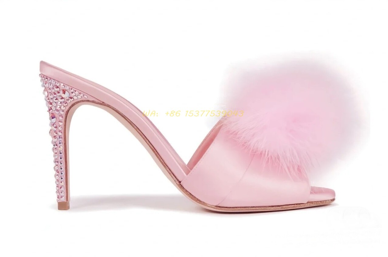 Pink Satin Sandals Crystals 100mm Stiletto Heels Hairy Ball Detail Peep Toe Slip On Casual Sexy Summer Party Movie Women Shoe