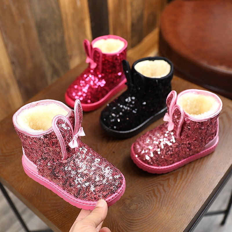 Fashion Bling Glitter Princess Cute Rabbit Toddler Short Boots Non-slip Plush Warm Snow Boots for Kids Winter Casual Shoes