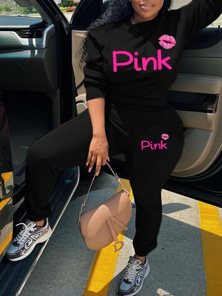 LW Plus Size Women Tracksuit Pink Lip Letter Print Pants Set Sweatpants Two Piece Set New Casual Outfits Jogger Overalls Clothes