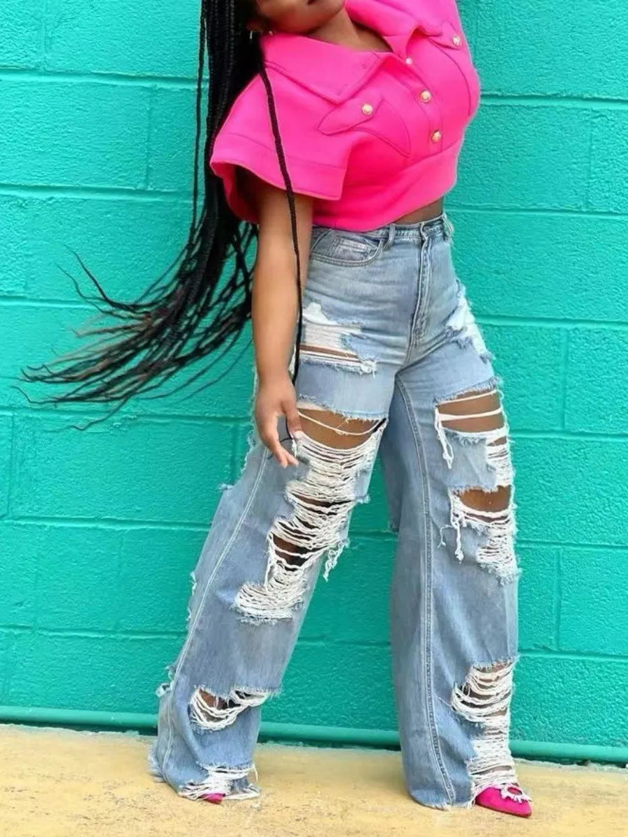 LW Plus Size Stylish Broken Holes Baby Blue Jeans Medium Stretchy Zipper Fly summer Print Denim Street cut hole women&#39;s Jeans