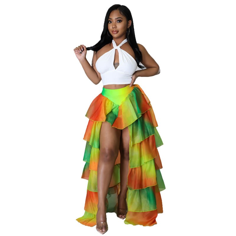 Adogirl Women Printed Mesh Cake Skirt Changing Color Cascading Ruffles High Split Long Petticoat 2022 Summer Beach Outfits