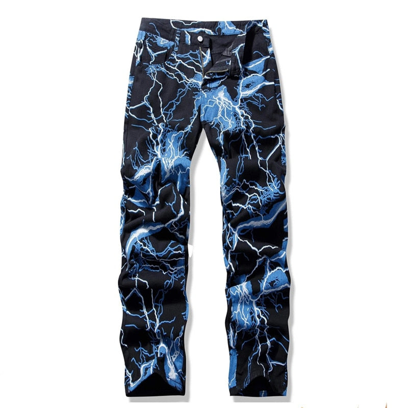 Minus Two New Fashion Mens Jeans Lightning Printed Tie Dye Black Jean Trousers Men Streetwear Y2K Denim Pants Pantalones Hombre