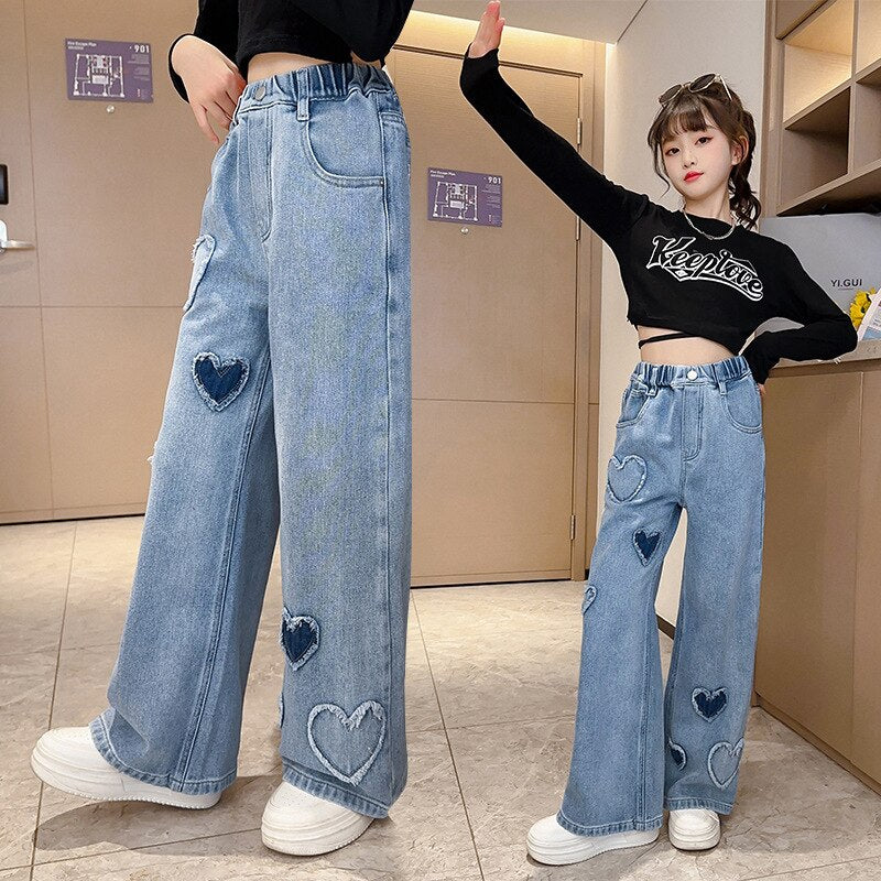 New Fashion Teenager Girls Denim Wide Leg Pants Children Trousers Spring Autumn Love Pattern Girls Jeans 5-14 Years Kids Clothes