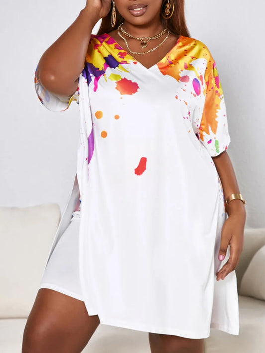 LW Plus Size Summer Women T-Shirt Y2k Top Shorts Set Splash Ink Design Side Split Shorts Set Femme Short Sleeve Two Pieces Set