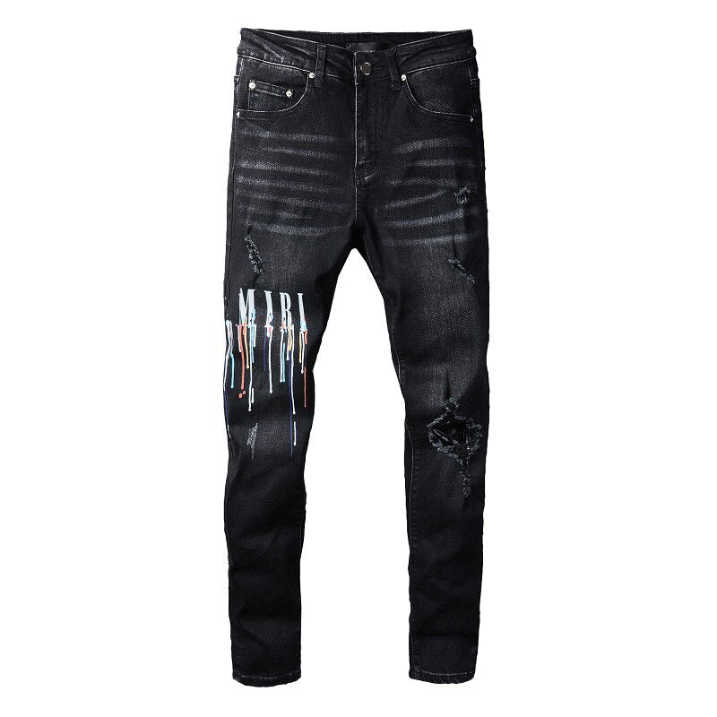 Men&#39;s Quality Distressed Black Streetwear Fashion Style Slim Printing Letters Pattern Damaged Hole Skinny Stretch Ripped Jeans