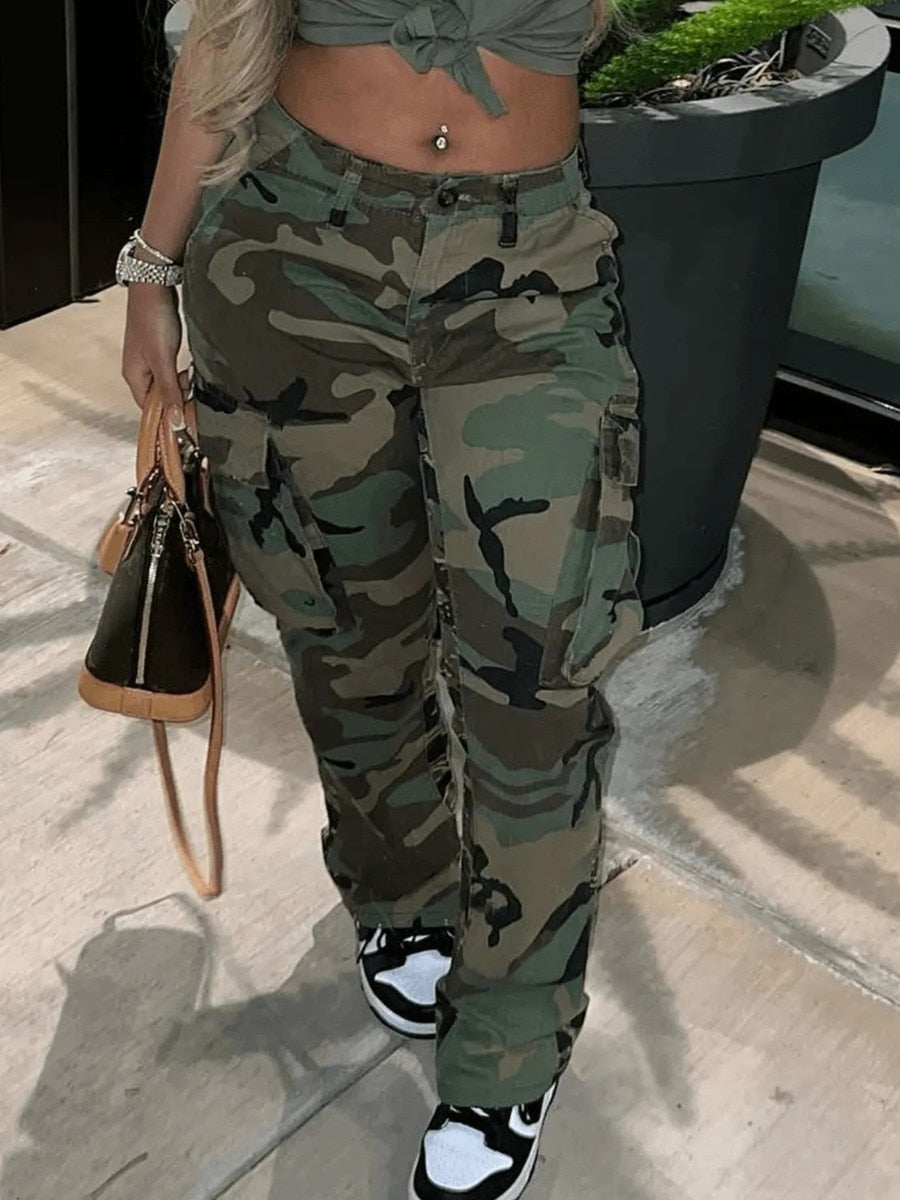 LW High Waist Camo Multicolor Cargo Pants XS-5XL Street Casual Side Pocket Camouflage Women Streetwears Straight Lady Trousers