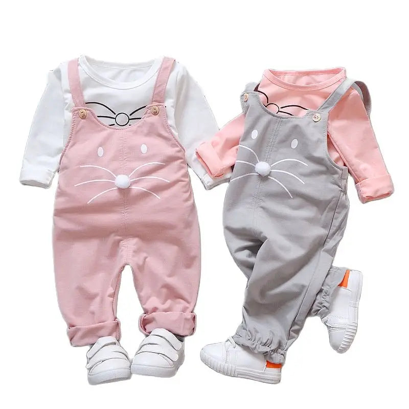 2023New Hot Spring Baby Girls Clothing Set Children Denim overalls jeans pants + Blouse Full Sleeve Twinset Kids Clothes Set