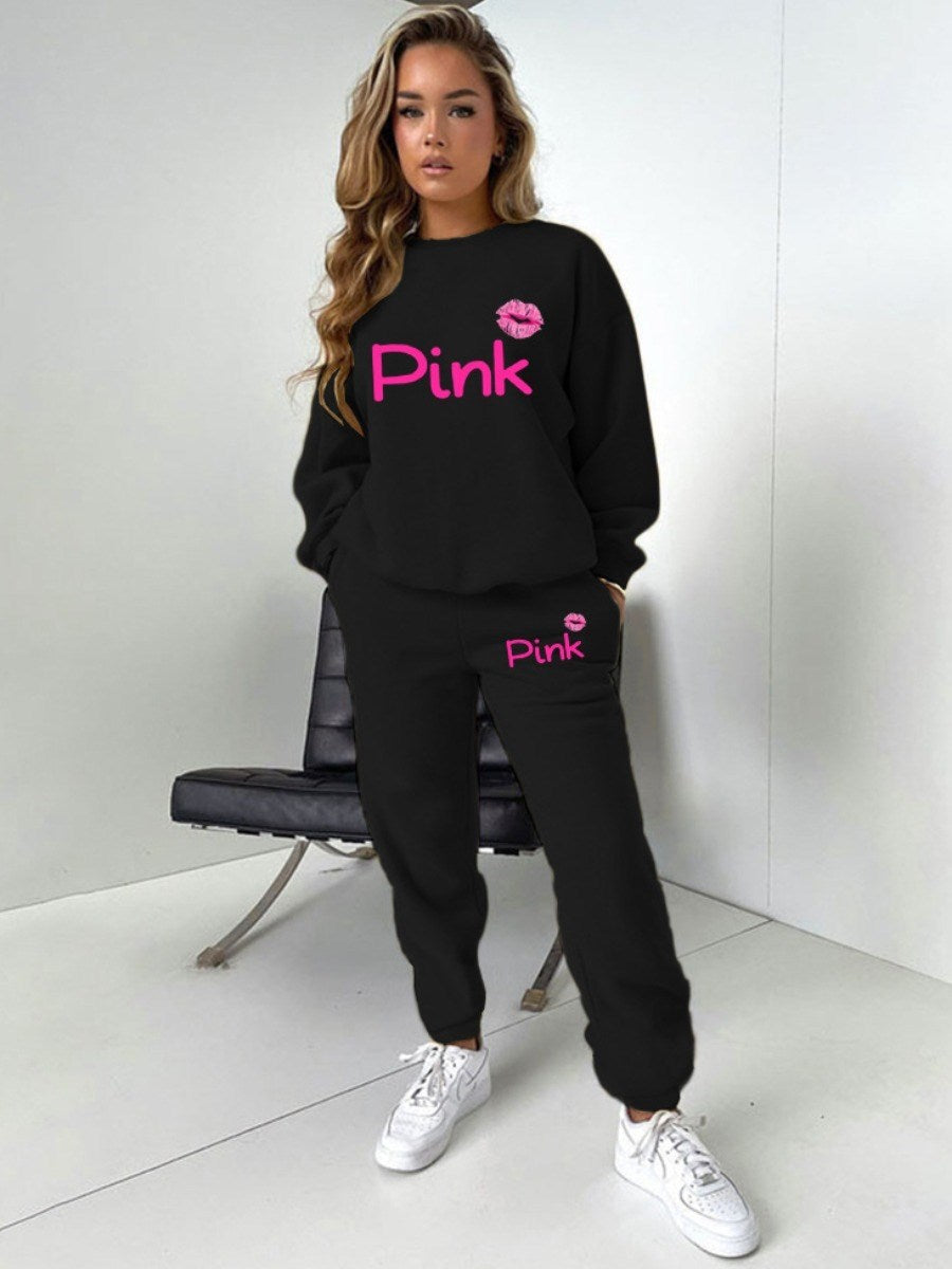 LW Plus Size Women Tracksuit Pink Lip Letter Print Pants Set Sweatpants Two Piece Set New Casual Outfits Jogger Overalls Clothes