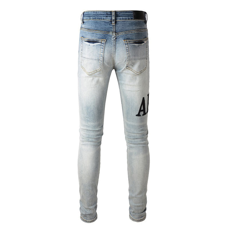 Men&#39;s Light Blue Distressed Patch Streetwear Fashion Slim Embroidered Leather Letter Pattern Damaged Skinny Stretch Ripped Jeans