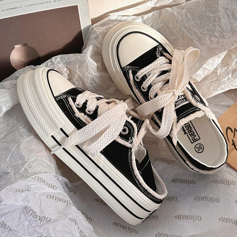 SHANPA Breathable Raw Edge Canvas Shoes for Women White Chic and Elegant Platform Shoes Casual Fashion Comfortable New Footwear