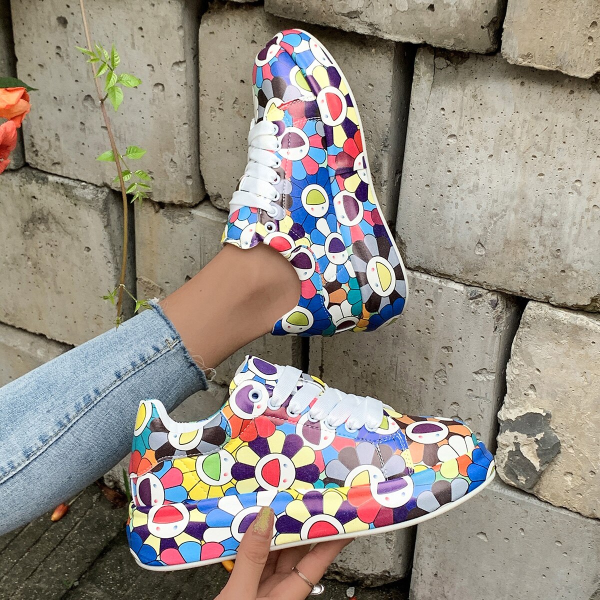 Women&#39;s Sneakers Summer Autumn Fashion Platform Outdoor Sneakers Trend Graffiti Shoes Comfortable Lace-up Flat Sneakers