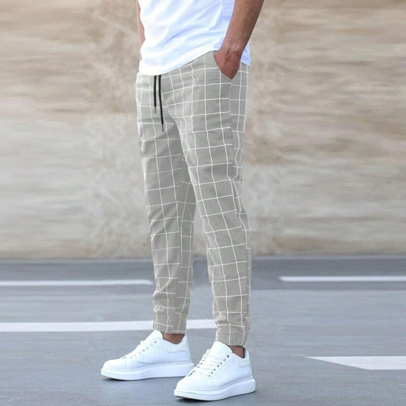 Men&#39;s Pocket Sweatpants Straight Pant Fashion Men Casual Drawstring Rope Pants New Spring Summer Men Middle Waist Plaid Trousers