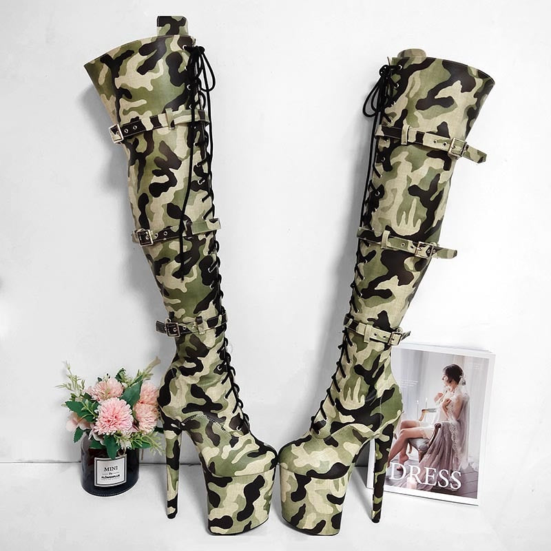 Stripper 20CM/8Inch Camouflage Sexy Over-the-Knee Boots Platform High Heels Gothic style Nightclub Sexy Pole Dancing Shoes