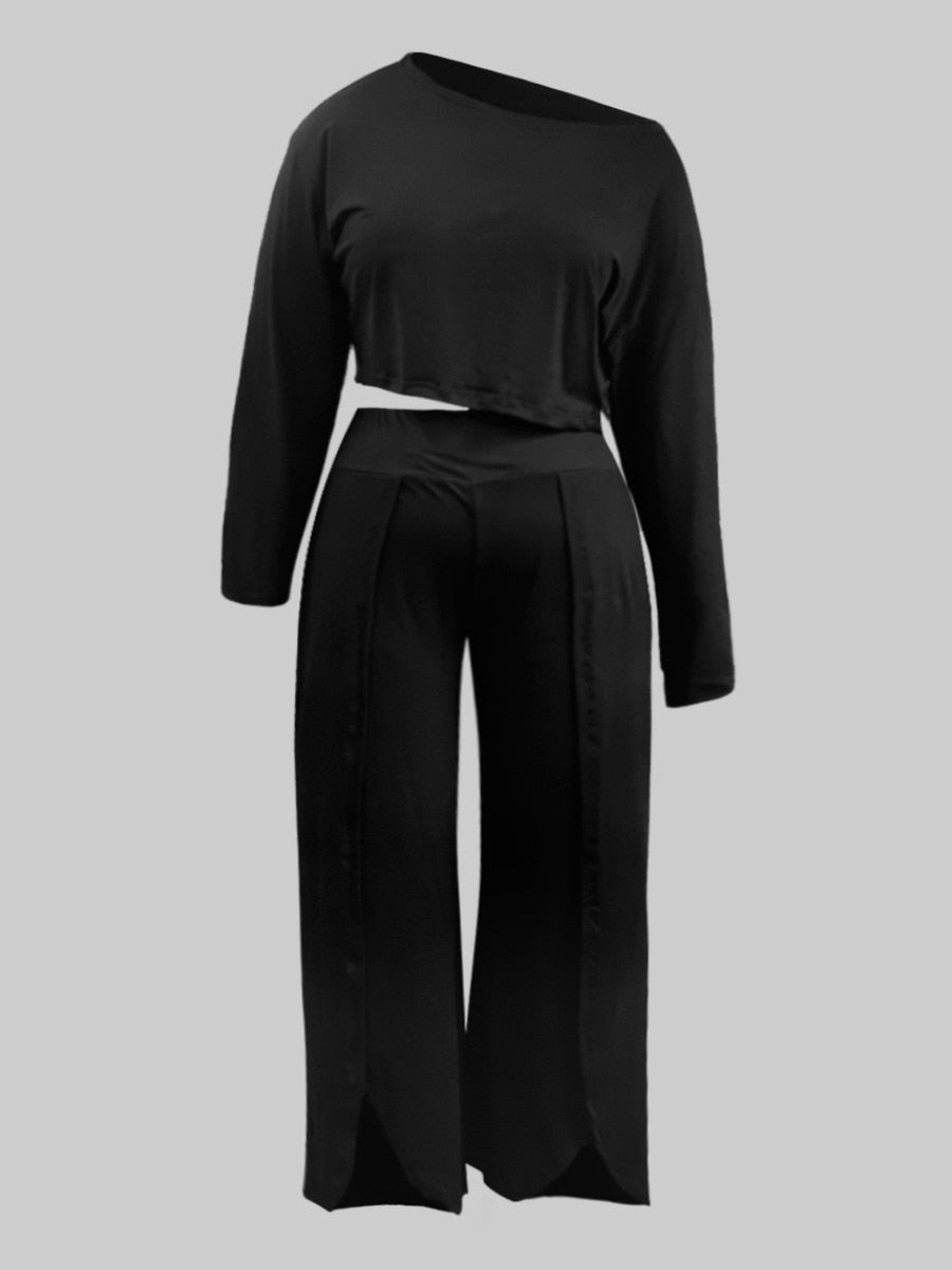 LW Plus Size Women 2 Pieces Set One Shoulder High Split Wide Leg Pants Set Elegant Tracksuit Crop Top + Leg Pant Casual Tracksui